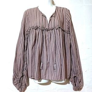 LANTERN Sleeve Tassel V-Neck Stripe Top